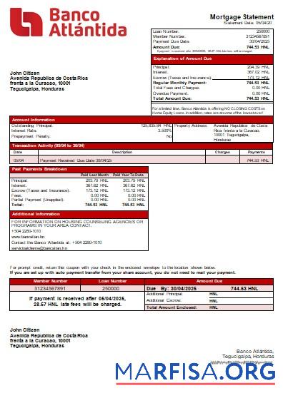 Printable Honduras Banco Atlantida Bank bank mortgage statement scr real example